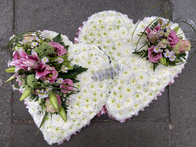 Double based heart - Funeral double heart based in white Chrysanths with spray detail